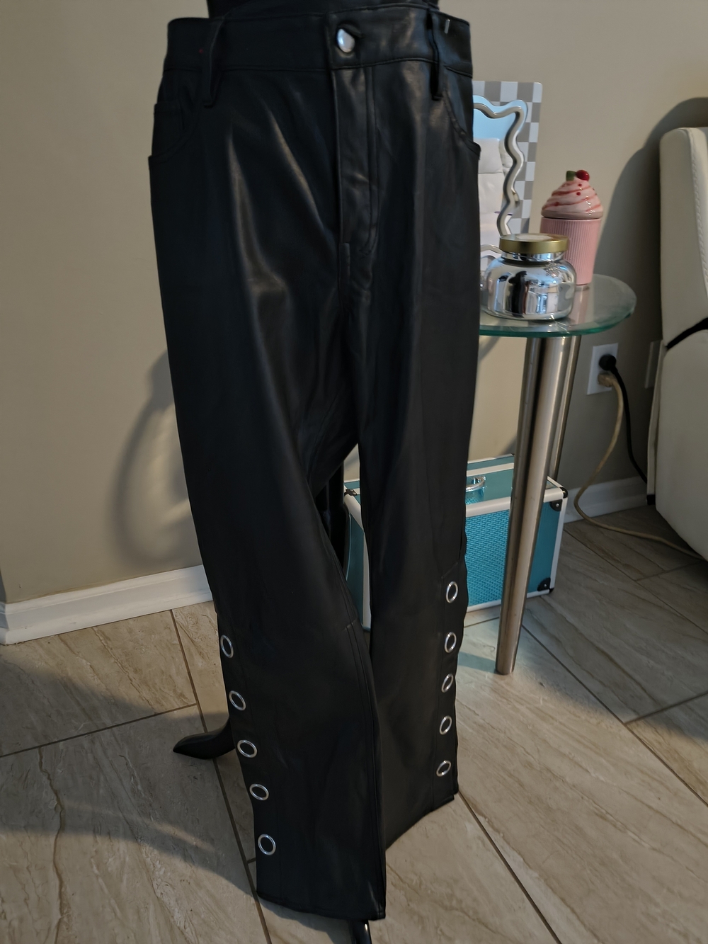 Faux Leather Women's Pant with Snap Accents